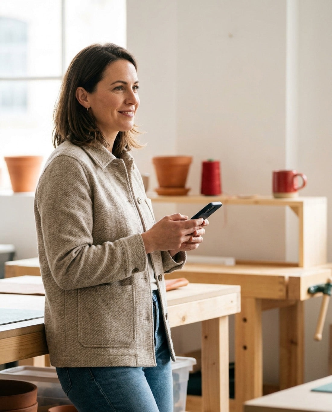 A business owner checking their phone in their workshop